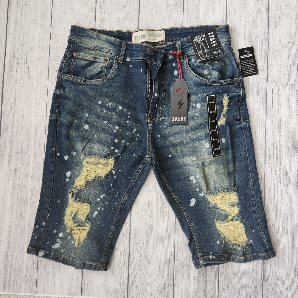 Men's Distressed Blue Denim Shorts With Paint Splatter - Skinny Fit